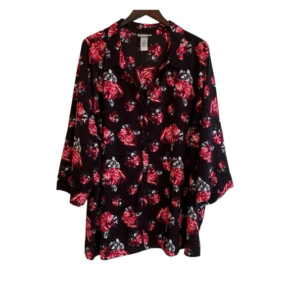 Catherines Womens Dark Floral Top Size 4X 30/34W 3/4 Roll Tab Sleeve Roses - Picture 1 of 10